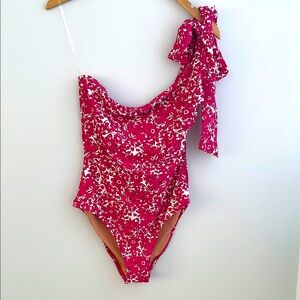 J Crew Pink Floral One-Shoulder Swimsuit